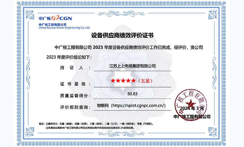 上上再次获评中广核工程有限公司年度五星供应商